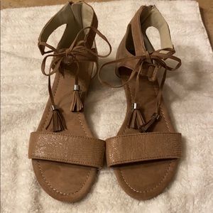 Ana sandals. Taupe with tassel ties.